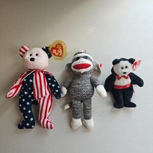 Ty Beanie Babies Lot 3 Spangle Bear Socks Monkey Van Pyre Retired Plush